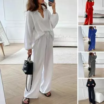 2 шт./компл. женский топ, брючный костюм с длинными рукавами, V-образным вырезом, длинными рукавами и завязками S чёрный