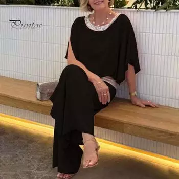 2 шт./компл., женский топ, брючный костюм, блестящие пайетки, рукава «летучая мышь», лоскутная круглая шея, свободная, с широкими штанинами, мягкая дышащая повседневная формальная однотонная футболка XL розовый