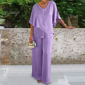 2 шт./компл., женский топ, брючный костюм, V-образный вырез, рукав «летучая мышь», неровный подол, чистый цвет, свободная дышащая мягкая повседневная одежда с широкими штанинами, летняя весенняя футболка для мамы L синий