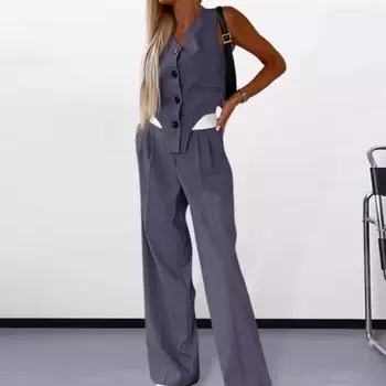 2 шт./компл., женский топ, брючный костюм без рукавов с V-образным вырезом, однобортный жилет нестандартной формы, эластичные брюки с высокой талией и широкими штанинами, наряд в деловом стиле XL белый