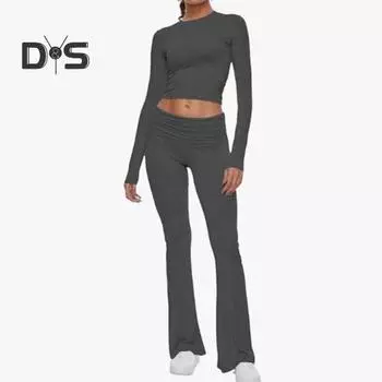 2 шт./компл., женский топ, брючный костюм, узкий костюм с высокой талией, круглым вырезом и длинными рукавами, однотонный, эластичный, мягкий, дышащий, расклешенный низ для йоги, комплект футболок, весна-лето XS розовый