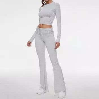 2 шт./компл. женский топ, брючный костюм, узкий, с высокой талией, с круглым вырезом, с длинными рукавами, однотонный, эластичный, мягкий XS чёрный