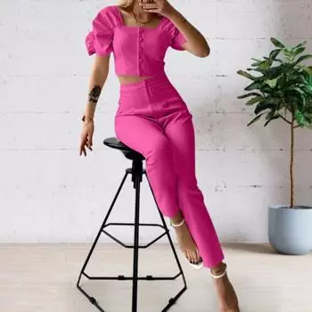 2 шт./компл. женский топ, брючный костюм, однобортный укороченный топ с пышными рукавами и квадратным вырезом, высокий M абрикосовый