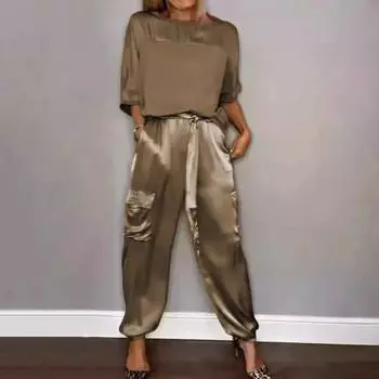2 шт./компл. женский топ-брючный костюм из атласа с гладкой поверхностью и половиной рукавов с круглым вырезом Свободная футболка на шнуровке однотонные брюки с карманами женский повседневный брючный костюм M кофейный