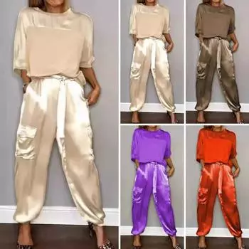 2 шт./компл. женский топ-брючный костюм из атласа с гладкой поверхностью и половиной рукавов с круглым вырезом Свободная футболка на шнуровке однотонные брюки с карманами женский повседневный брючный костюм M абрикосовый