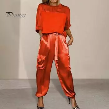 2 шт./компл. женский топ-брючный костюм из атласа с гладкой поверхностью и половиной рукавов с круглым вырезом Свободная футболка на шнуровке однотонные брюки с карманами женский повседневный брючный костюм M абрикосовый