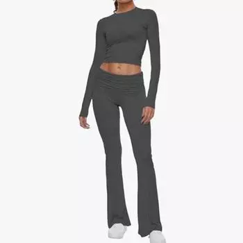 2 шт./компл., женский топ, брючный костюм, узкий костюм с высокой талией, круглым вырезом и длинными рукавами, однотонный, эластичный, мягкий, дышащий, расклешенный низ для йоги, комплект футболок, весна-лето XS розовый