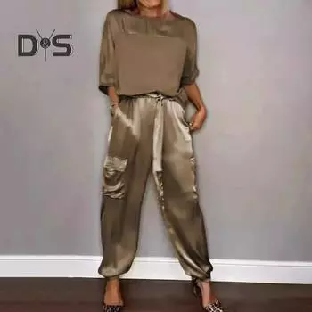2 шт./компл. женский топ-брючный костюм из атласа с гладкой поверхностью и половиной рукавов с круглым вырезом Свободная футболка на шнуровке однотонные брюки с карманами женский повседневный брючный костюм M абрикосовый