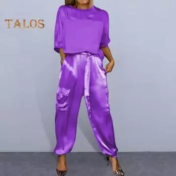 2 шт./компл. женский топ-брючный костюм из атласа с гладкой поверхностью и половиной рукавов с круглым вырезом Свободная футболка на шнуровке однотонные брюки с карманами женский повседневный брючный костюм M кофейный