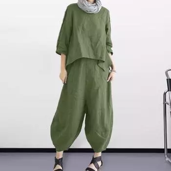 2 шт./компл., женский топ, брючный костюм, однотонный, свободный, с рукавами три четверти, ретро, неровный подол, мягкие дышащие эластичные брюки-шаровары, комплект футболок L армия зеленый