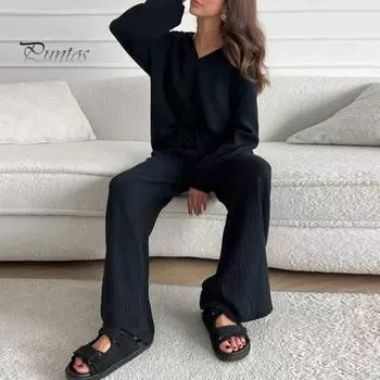 2 шт./компл., женский топ, брючный костюм с длинными рукавами, V-образный вырез, длинный рукав, напускной шнурок, эластичная резинка на талии, однотонный, повседневный, свободный, дышащий, женский, на каждый день XL белый