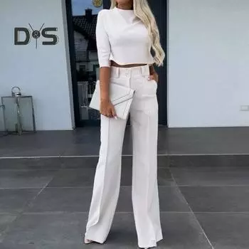 2 шт./компл., женский топ, брючный костюм, сплошной цвет, прямые широкие брюки с высокой талией, укороченный топ с воротником до половины и рукавами три четверти, женский коммутирующий топ XL розы красного