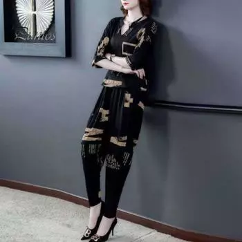 2 шт./компл., женский топ, брюки больших размеров, костюм с буквенным принтом, V-образным вырезом, блузка с половиной рукавом, свободные брюки-шаровары, повседневная одежда, футболка для отдыха, комплект брюк XL чёрный