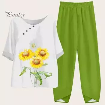 2 шт./компл., женский топ, брюки, комплект с цветочным принтом, круглым вырезом, свободные пуговицы, декор, половина рукава, ретро, эластичная талия, широкие брюки, мягкая дышащая повседневная футболка, брюки S зелёный/жёлтый
