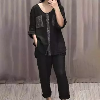 2 шт./компл., женский топ, брюки, комплект с круглым вырезом, однотонный, с блестящими пайетками, длинными рукавами и запонками, футболка с регулируемой талией, широкие брюки, повседневные XL синий