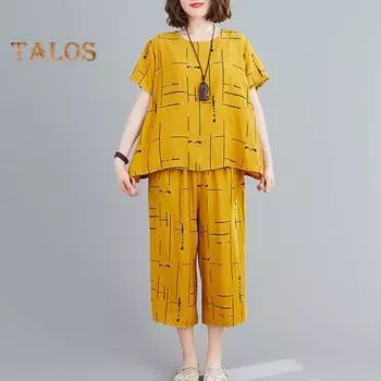 2 шт./компл., женский топ, брюки, комплект с круглым вырезом, футболка с короткими рукавами и принтом, эластичная талия, широкие укороченные брюки, повседневная футболка, комплект брюк M красный