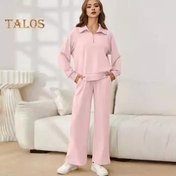 2 шт./компл., женский топ, брюки, комплект с лацканами, однотонная толстовка на молнии с длинными рукавами, регулируемая талия, широкие брюки, повседневный комплект брюк, весна-осень L абрикосовый