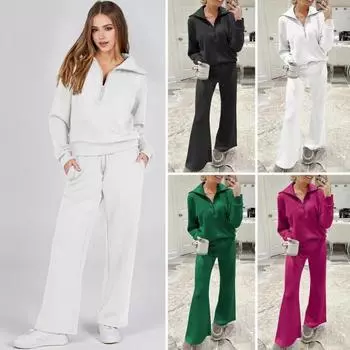 2 шт./компл., женский топ, брюки, комплект, сплошной цвет, толстовка на молнии с длинными рукавами, регулируемая талия, широкая M розы красного