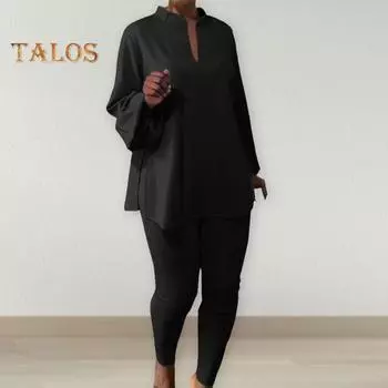 2 шт./компл., женский топ, брюки, комплект с воротником-стойкой и длинным рукавом, свободная блузка с разрезом по краю, эластичная талия, облегающие брюки, повседневная одежда, летняя одежда 3XL чёрный