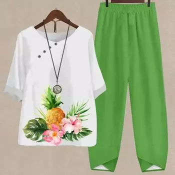 2 шт./компл., женский топ, брюки, комплект с цветочным принтом, круглым вырезом, свободные пуговицы, декор, половина рукава, ретро, эластичная талия, широкие штанины, мягкая дышащая повседневная футболка, брюки S жёлтый/зелёный