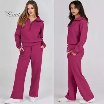 2 шт./компл., женский топ, брюки, комплект с лацканами, однотонная толстовка на молнии с длинными рукавами, регулируемая талия, широкие брюки, повседневный комплект брюк, весна-осень M розы красного