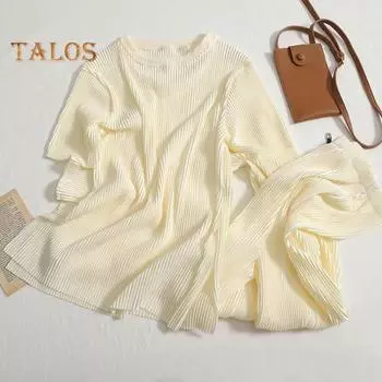 2 шт./компл., женский топ, брюки, комплект с круглым вырезом, сплошной цвет, с короткими рукавами, полосатая футболка с разрезом, регулируемая талия, широкие брюки, повседневная футболка, брюки абрикосовый