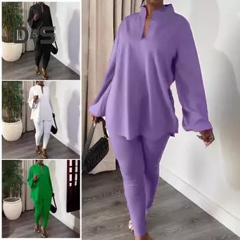 2 шт./компл., женский топ, брюки, комплект с воротником-стойкой и длинным рукавом, свободная блузка с разрезом по краю, эластичная талия, облегающие брюки, повседневная одежда, летняя одежда 3XL чёрный