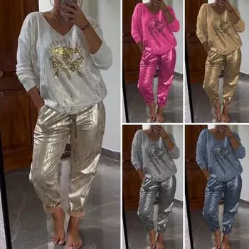 2 шт./компл., женский топ, брюки, комплект с принтом глаз, длинными рукавами, V-образным вырезом, эластичной резинкой на талии, свободные бронзовые повседневные повседневные футболки, комплект брюк M горячий розовый