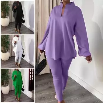 2 шт./компл., женский топ, брюки, комплект с воротником-стойкой и длинным рукавом, свободная блузка с разрезом по краю, эластичная талия, облегающие брюки, повседневная одежда, летняя одежда 3XL чёрный