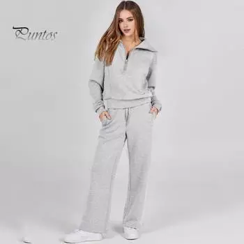 2 шт./компл., женский топ, брюки, комплект с лацканами, однотонная толстовка на молнии с длинными рукавами, регулируемая талия, широкие брюки, повседневный комплект брюк, весна-осень L абрикосовый