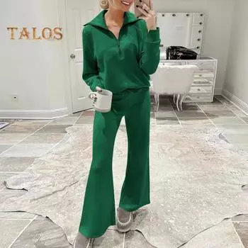 2 шт./компл., женский топ, брюки, комплект с лацканами, однотонная толстовка на молнии с длинными рукавами, регулируемая талия, широкие брюки, повседневный комплект брюк, весна-осень M розы красного