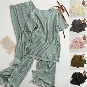 2 шт./компл., женский топ, брюки, комплект с круглым вырезом, сплошной цвет, с короткими рукавами, полосатая футболка с разрезом, регулируемая талия, широкие брюки, повседневная футболка, брюки зелёный