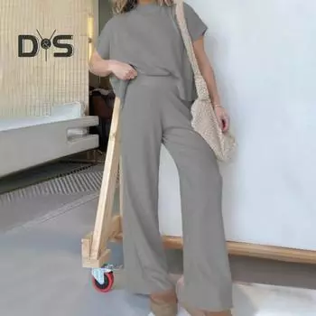 2 шт./компл., женский топ, брюки, костюм с круглым вырезом, однотонный, свободный, с высокой талией, с широкими штанинами, прямые, с короткими рукавами, мягкая повседневная рубашка, комплект брюк L абрикосовый