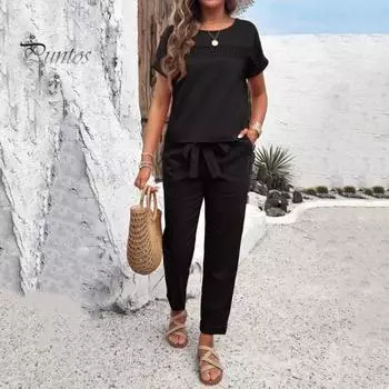 2 шт./компл., женский топ, брюки, костюм с круглым вырезом, короткими рукавами, карманами, шнуровкой на талии, сплошной цвет, повседневная свободная дышащая женская повседневная футболка, комплект брюк 3XL абрикосовый