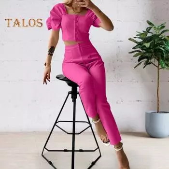 2 шт./компл., женский топ, брюки, костюм с пышными рукавами и квадратным вырезом, однобортный укороченный топ с высокой талией, облегающие однотонные брюки, одежда для офиса M абрикосовый