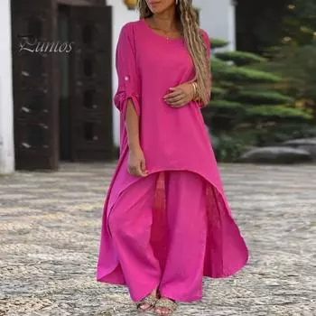 2 шт./компл., женский топ, брюки, костюм с круглым вырезом и длинными рукавами, нерегулярный свободный макси-топ, высокая эластичная талия, широкие брюки, повседневная повседневная одежда, блузка больших размеров 3XL розы красного