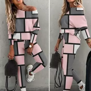 2 шт./компл., женский топ, брюки, костюм, соответствующий цвету, с открытыми плечами, с длинным рукавом, свободный, с эластичной резинкой на талии, в стиле пэчворк, женская весенне-осенняя футболка, брючный комплект, женский комплект 2XL синий