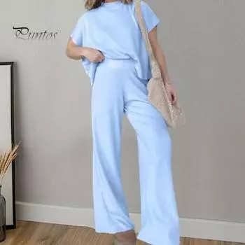 2 шт./компл., женский топ, брюки, костюм с круглым вырезом, однотонный, свободный, с высокой талией, с широкими штанинами, прямые, с короткими рукавами, мягкая повседневная рубашка, комплект брюк L абрикосовый