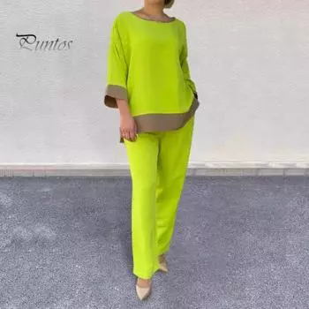 2 шт./компл., женский топ, брюки, костюм с круглым вырезом, рукава три четверти, футболка контрастного цвета, высокая эластичная талия, широкие брюки, повседневные свободные блузки, брюки XL оранжевый