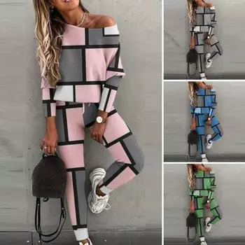 2 шт./компл., женский топ, брюки, костюм, соответствующий цвету, с открытыми плечами, с длинным рукавом, свободный, с эластичной резинкой на талии, в стиле пэчворк, женская весенне-осенняя футболка, брючный комплект, женский комплект L розовый