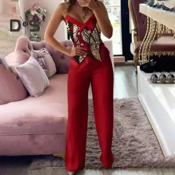 2 шт./компл., женский топ, брюки, костюм, ремень-цепочка с открытыми плечами, пуговицы, декор, соответствующий цвет, V-образный вырез, открытая спина, без рукавов, приталенный крой, прямые, широкие штаны, OL, для поездок на работу M бежевый