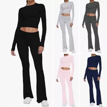 2 шт./компл., женский топ, брюки, костюм, узкая, с высокой талией, круглым вырезом и длинными рукавами, однотонный, эластичный, мягкий, дышащий, комплект футболок-клеш для йоги XS розовый