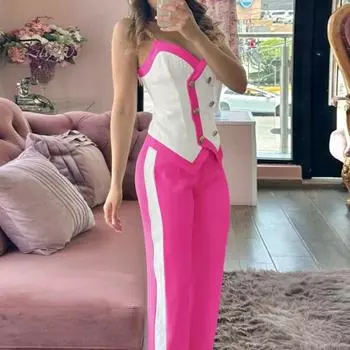 2 шт./компл., женский топ, брюки, костюм без рукавов, цепочка на плечевой ремень, пуговица, декор, V-образный вырез, открытая спина, высокая талия, OL, стильный жилет, подходящий по цвету, брюки 2XL чёрный