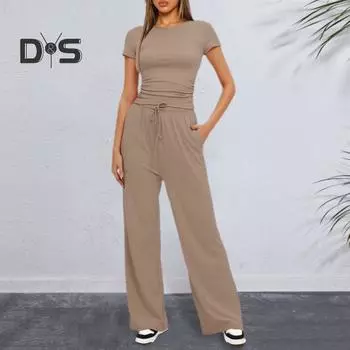 2 шт./компл., женский топ, брюки, костюм, узкие, с высокой талией, на шнурке, с эластичной резинкой на талии, с круглым вырезом, с короткими рукавами, однотонные, эластичные, мягкие, дышащие штаны для йоги S хаки