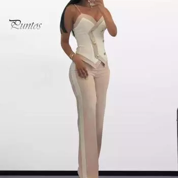 2 шт./компл., женский топ, брюки, костюм, ремень-цепочка с открытыми плечами, пуговицы, декор, соответствующий цвет, V-образный вырез, открытая спина, без рукавов, приталенный крой, прямые, широкие штаны, OL, для поездок на работу M бежевый