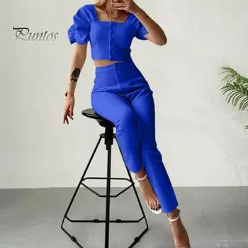 2 шт./компл., женский топ, брюки, костюм с пышными рукавами и квадратным вырезом, однобортный укороченный топ с высокой талией, облегающие однотонные брюки, одежда для офиса L розы красного