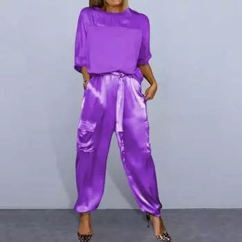 2 шт./компл., женский топ, брюки, костюм, гладкая поверхность, с круглыми рукавами, атласная шея, свободная футболка, однотонные брюки на шнуровке M абрикосовый