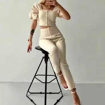 2 шт./компл., женский топ, брюки, костюм с пышными рукавами и квадратным вырезом, однобортный укороченный топ с высокой талией, облегающие однотонные брюки, одежда для офиса M абрикосовый