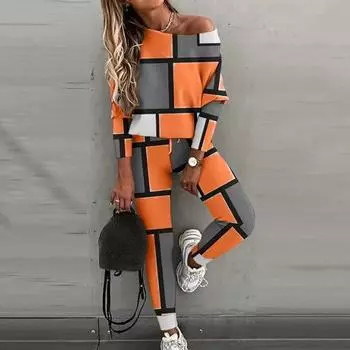 2 шт./компл., женский топ, брюки, костюм, соответствующий цвету, с открытыми плечами, с длинным рукавом, свободный, с эластичной резинкой на талии, в стиле пэчворк, женская весенне-осенняя футболка, брючный комплект, женский комплект L розовый