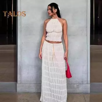 2 шт./компл., женский топ, длинная юбка, костюм на шнуровке с бретелькой на шее, прозрачная сборка с открытой спиной и высокой талией, плиссированное пляжное бикини без рукавов с открытыми плечами S белый